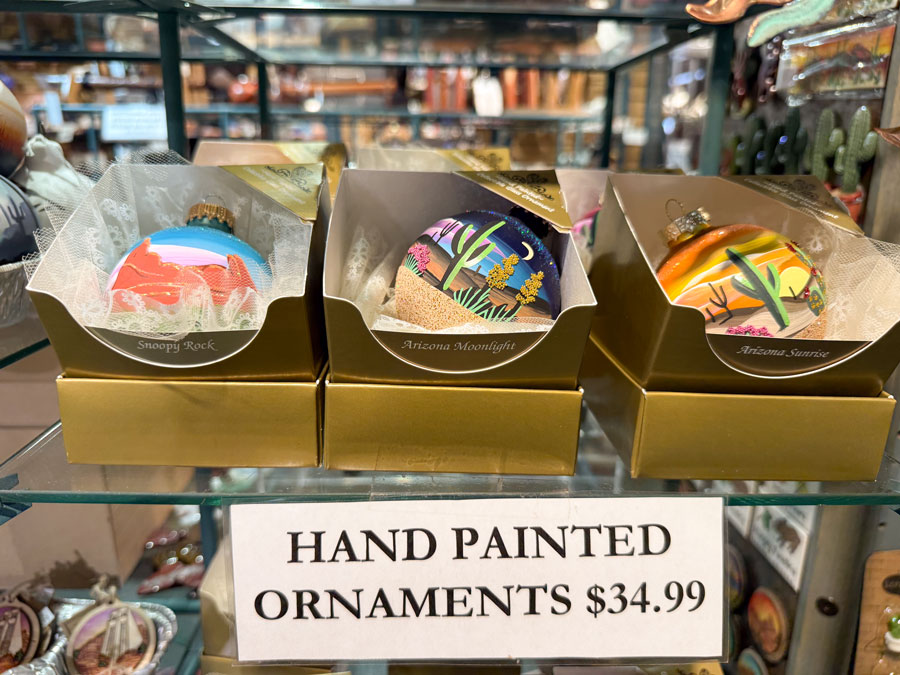 Hand-painted Arizona ornaments in Sedona shop