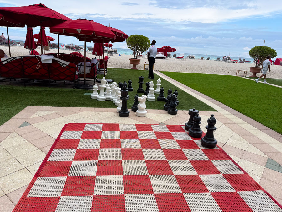 Outdoor giant chess set near the beach at Acqualina Resort.