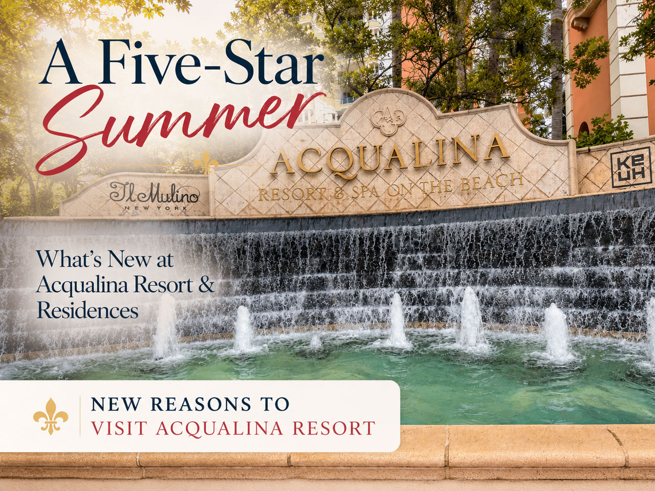 Acqualina Resort entrance fountain featured in A Five-Star Summer: What's New at Acqualina Resort & Residences.