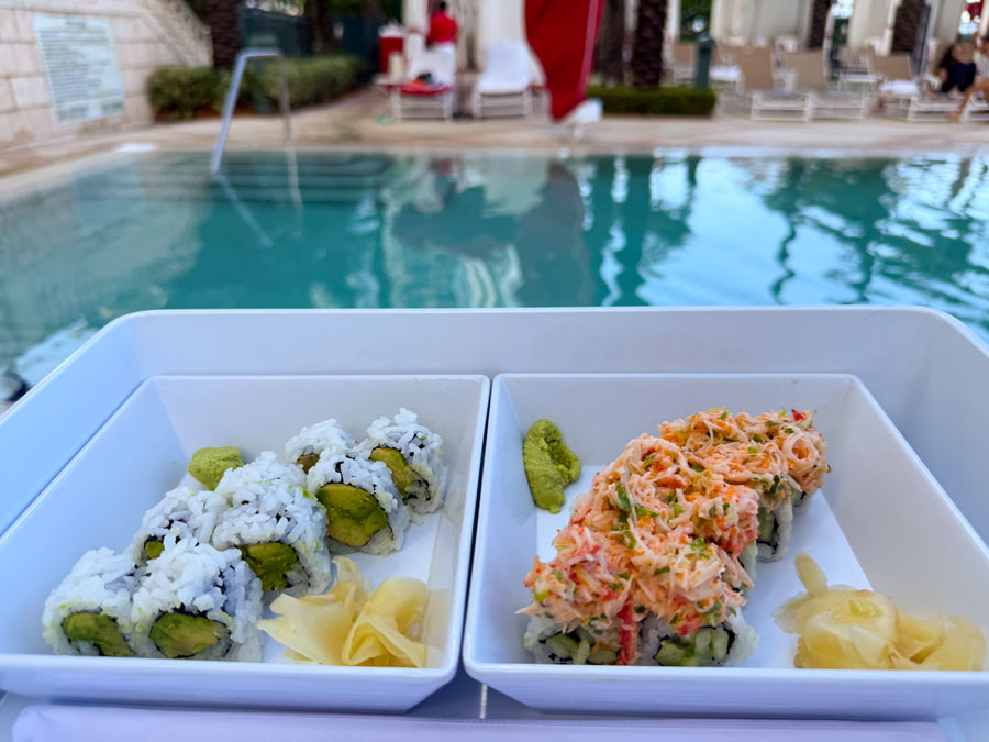 Poolside sushi lunch served at Acqualina Resort & Residences in Sunny Isles Beach, Florida.