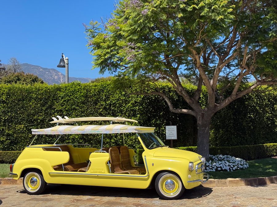 Yellow Jolly car at Rosewood Miramar Beach in Montecito