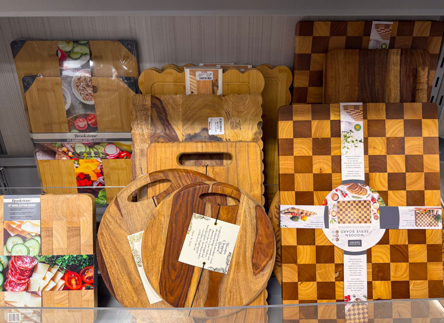 Wooden serving boards and charcuterie accessories available at TJ Maxx.