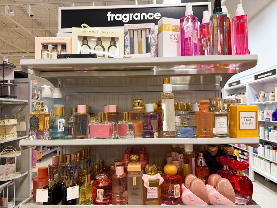 Discounted perfumes and fragrance gift sets displayed at TJ Maxx.