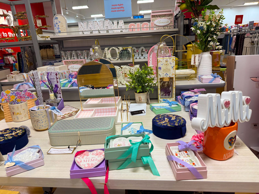 TJ Maxx gift display featuring home décor, keepsakes, and gifts for moms.