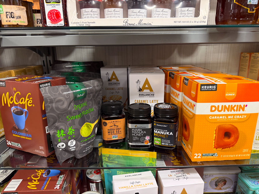 Specialty coffee, matcha, honey, and gourmet beverages displayed at TJ Maxx.