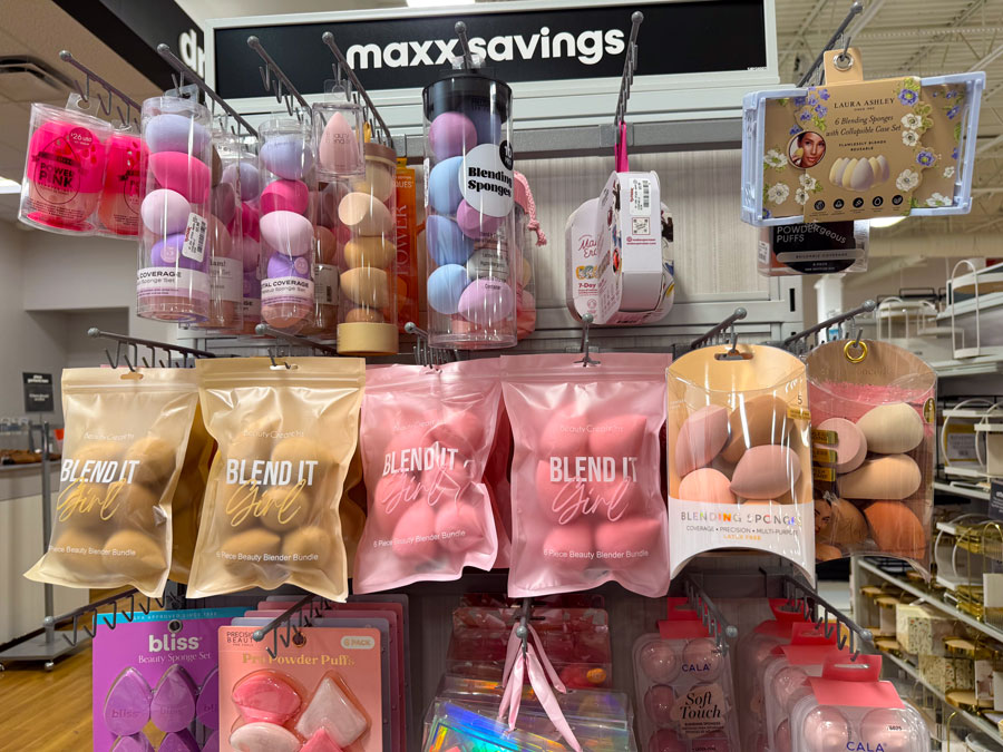 Makeup sponges and beauty blending tools displayed at TJ Maxx.