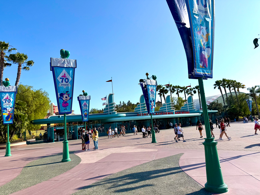 Disney California Adventure entrance decorated with Disneyland 70th anniversary banners