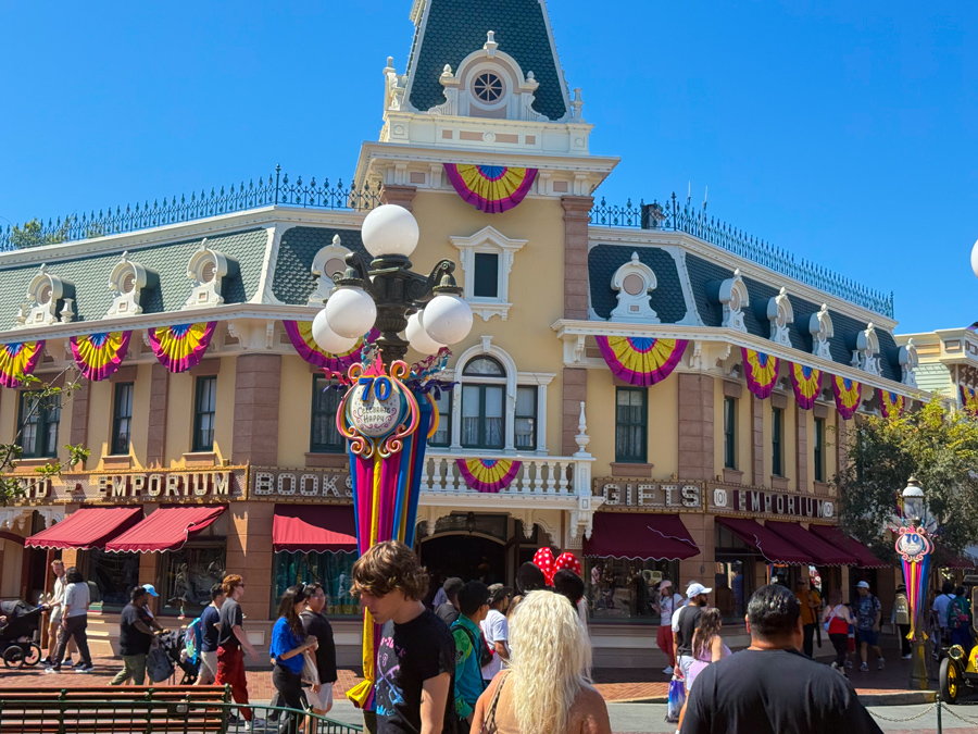Main Street Emporium decorated for Disneyland’s 70th anniversary celebration