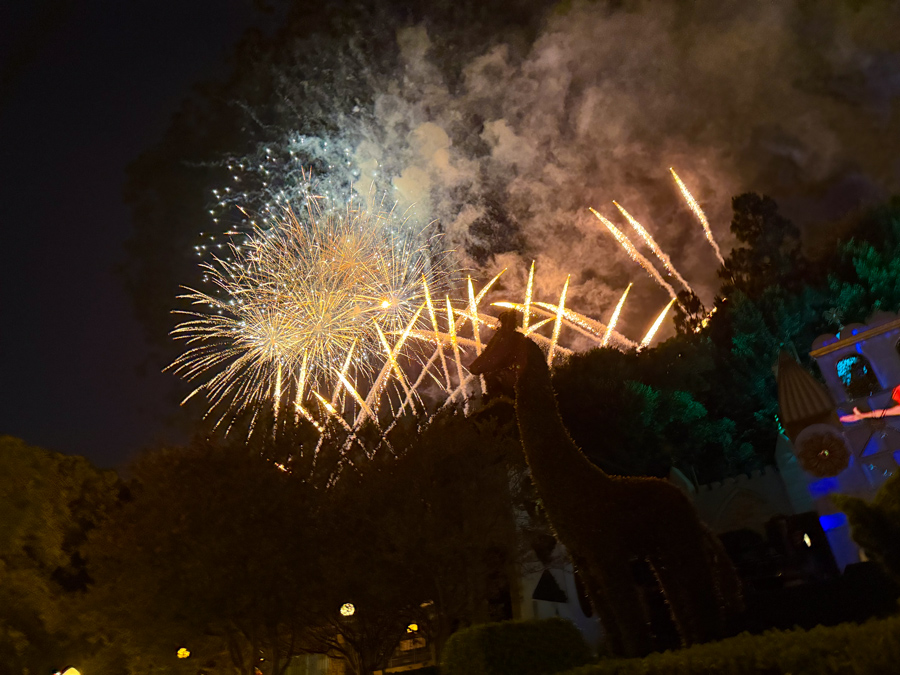 Fireworks lighting up the night sky above Disneyland Park