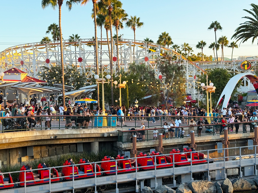 Incredicoaster and crowds at Pixar Pier