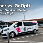 Uber vs GoOpti airport transfer comparison featuring a GoOpti shuttle at Ljubljana Airport