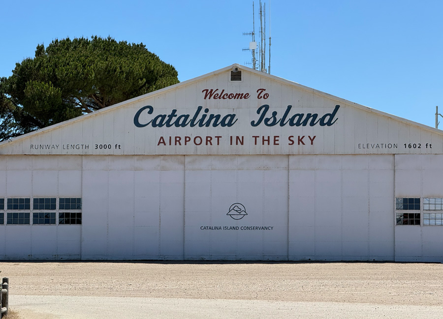 Close view of the Catalina Island Airport in the Sky hangar sign