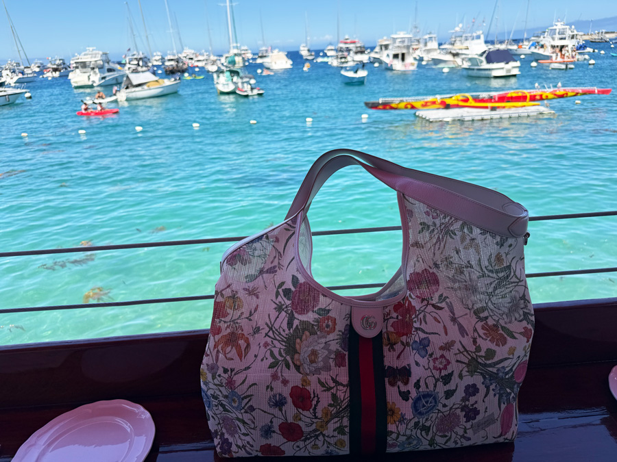 Floral handbag on a waterfront table overlooking turquoise Avalon Harbor and moored boats on Catalina Island