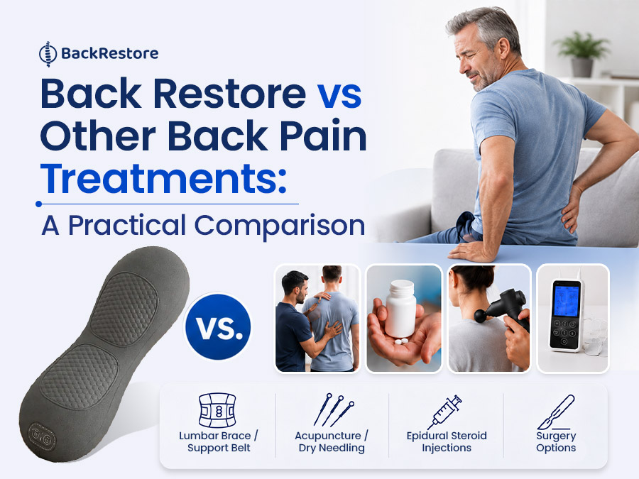 Back Restore compared with chiropractor care, pain medication, massage gun, TENS unit, lumbar brace, acupuncture, injections, and surgery