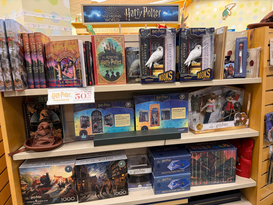 Harry Potter paperbacks and gifts with a buy one, get one 50% off sign