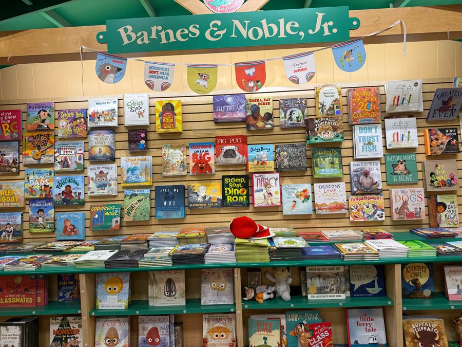 Large wall of children’s picture books in Barnes & Noble Jr.