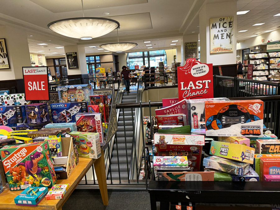 Barnes & Noble Last Chance Sale tables filled with clearance merchandise