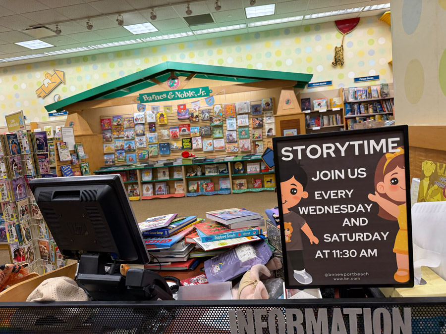 Barnes & Noble Storytime sign for Wednesday and Saturday at 11:30 AM