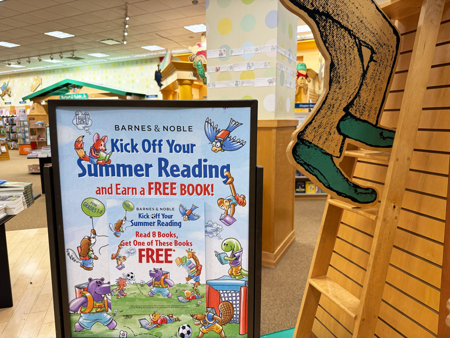Barnes & Noble Summer Reading sign offering a free book after reading eight
