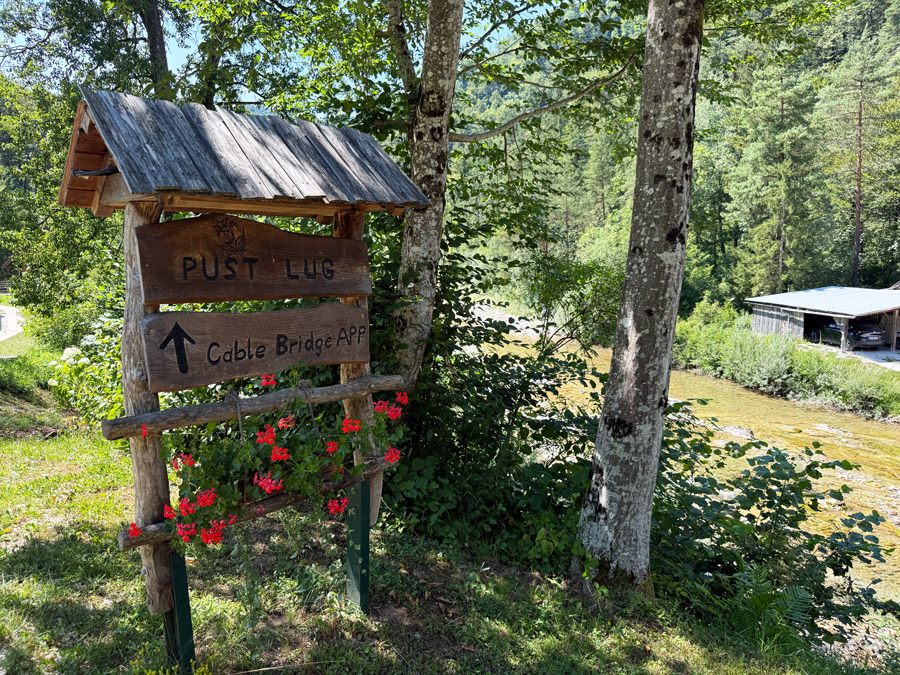 Wooden Cable Bridge sign in Idrijska Bela, Slovenia