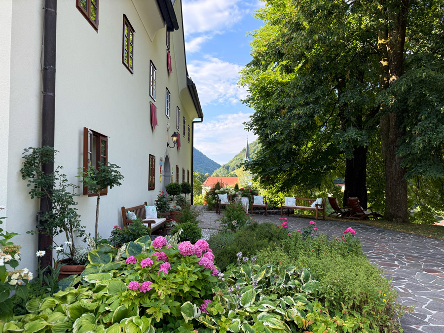 Garden terrace at Hotel Kendov Dvorec in Spodnja Idrija, Slovenia