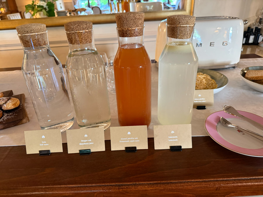 Still water, elderberry juice, homemade apple juice, and lemonade at Kendov Dvorec