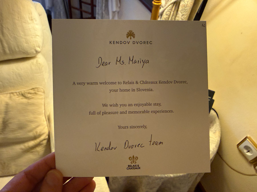 Personalized welcome note from the Kendov Dvorec hotel team