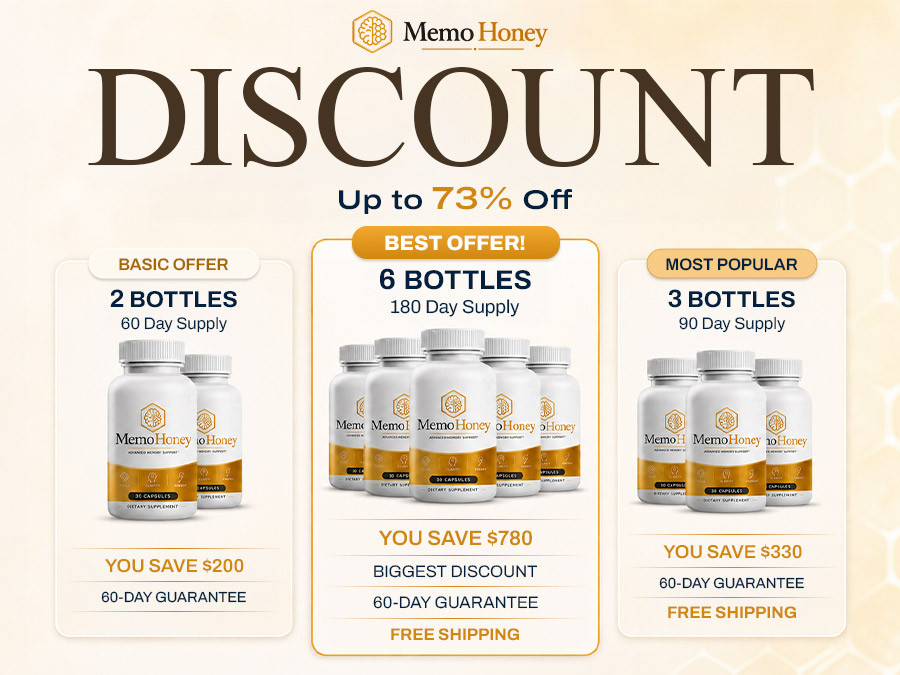 MemoHoney offer graphic showing two, three, and six-bottle bundles with discounts of up to 73%