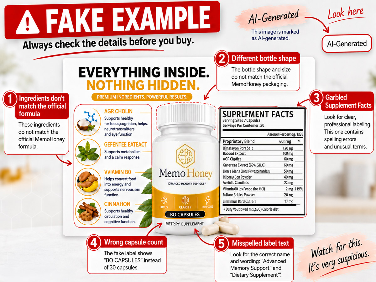 Annotated MemoHoney illustration highlighting garbled ingredient names, unclear capsule count, and misspelled label text