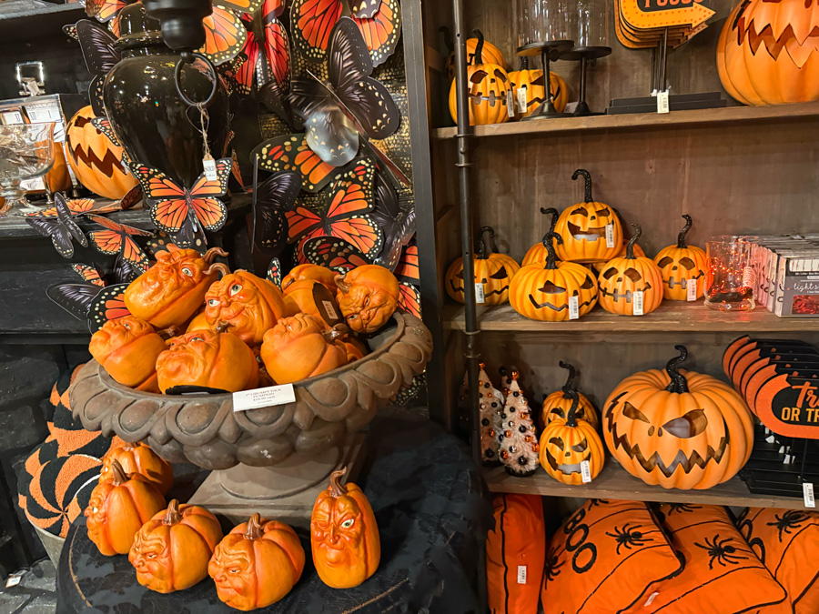 Halloween pumpkin decorations and monarch butterfly accents at Roger’s Gardens