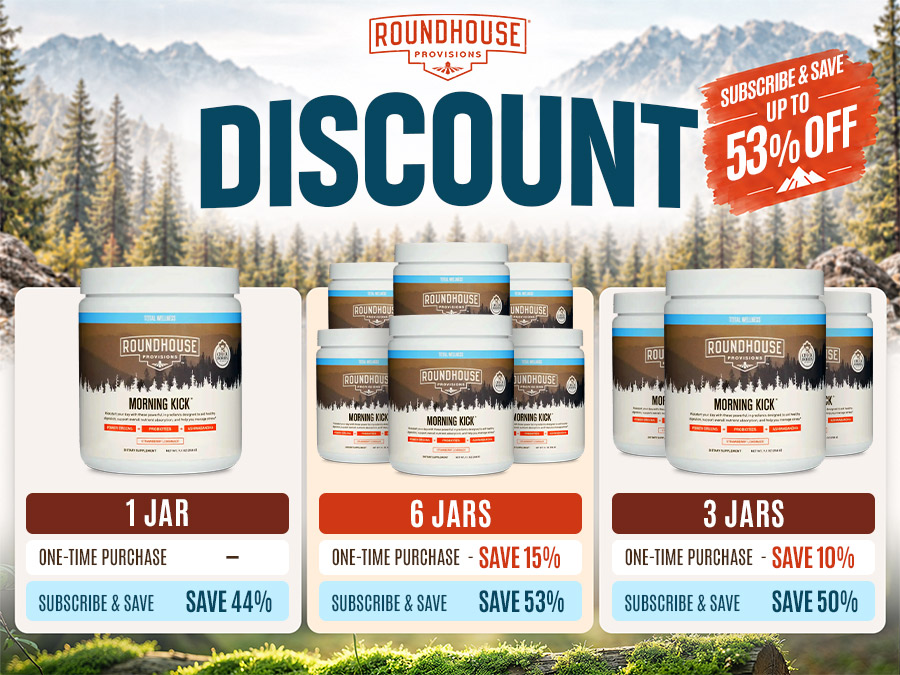 Morning Kick graphic comparing one-, three-, and six-jar packages, with subscription savings shown up to 53%.