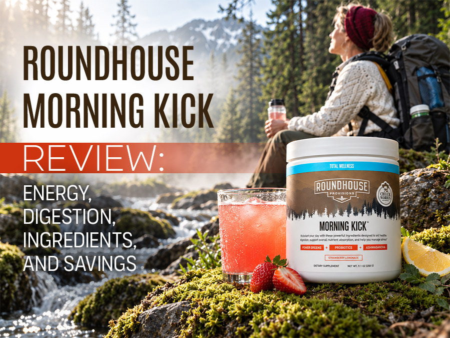 Morning Kick review graphic with a supplement jar, pink drink, strawberries, lemon, and a hiker beside a mountain stream.