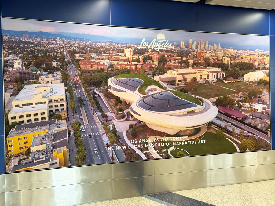Los Angeles welcome poster featuring the Lucas Museum of Narrative Art.